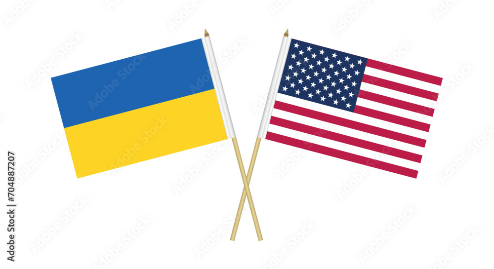 American and Ukrainian flags icon isolated on white background. American and Ukrainian flags icon isolated on white background.