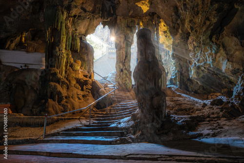 Khao Luang Cave is a large limestone cave located in Phetchaburi Province, Thailand. It is a popular tourist destination, known for its stunning natural beauty and historical significance photo