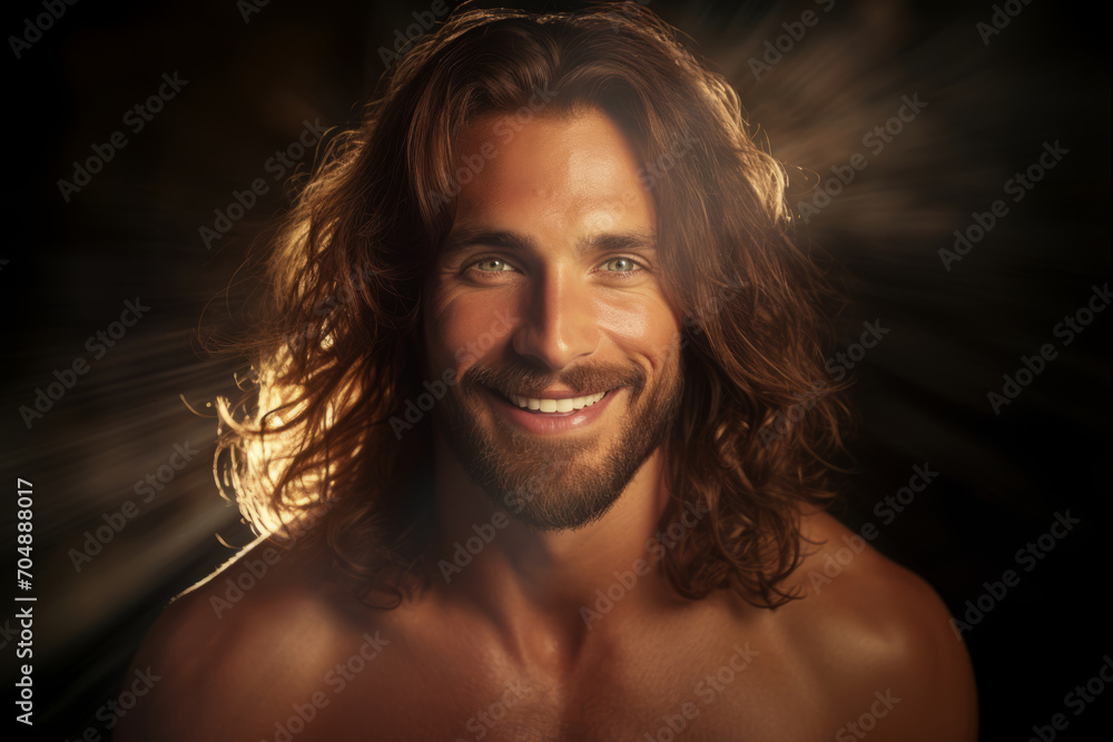Closeup portrait of handsome confident man with black long curly hair and beard, looking at camera and smiling. Closeup portrait of handsome confident man with black long curly hair and beard, looking at camera and smiling.