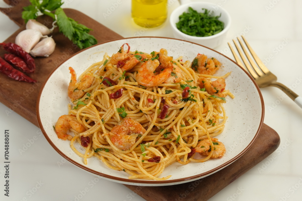 Homemade Italian Spaghetti Algio e Olio with Garlic and chilli flakes