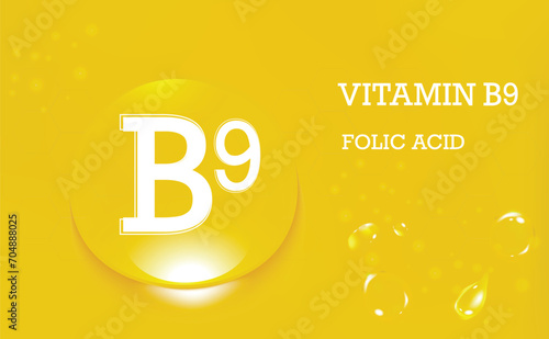 Vitamin B9, folic acid. Drops of water on a yellow gradient background. Food supplement and healthy lifestyle. Poster.