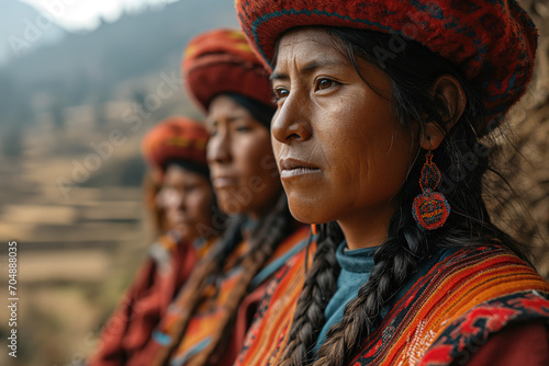 peruvian women in national clothes against a background of mountainous landscape photo