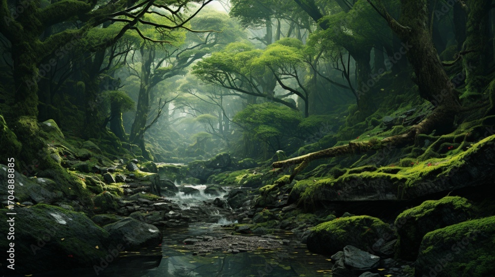 A tranquil forest scene featuring moss-covered trees and branches, the verdant greenery creating a serene and enchanting atmosphere in the heart of nature.