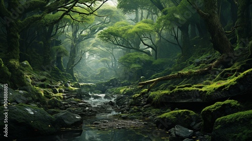 A tranquil forest scene featuring moss-covered trees and branches, the verdant greenery creating a serene and enchanting atmosphere in the heart of nature.