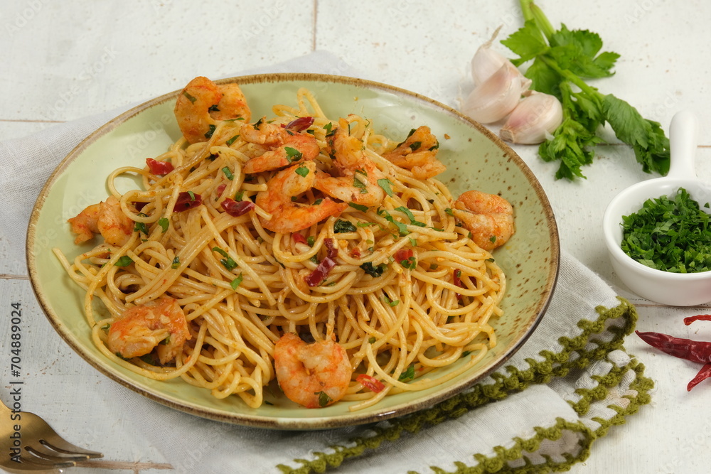 Homemade Italian Spaghetti Algio e Olio with Garlic and chilli flakes