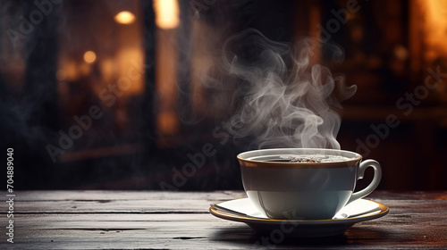 Cup of coffee with steam on a table in a cozy cafe in the morning --ar 16:9 --v 5.2 Job ID: 7328cf5b-7ecc-4a47-b182-ee70ec98b685