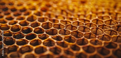 Sun-kissed honeycomb patterns on a rustic wooden beehive, displaying intricate details in 8K brilliance.