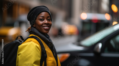 Positive african american young female with yellow and black standing on city street © standret