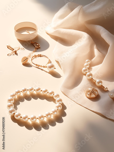 Jewelry lifestyle. Jewellery background. Table with beautiful and stylish golden and pearl necklaces, chains and elegant pendants. Fashion accessories.