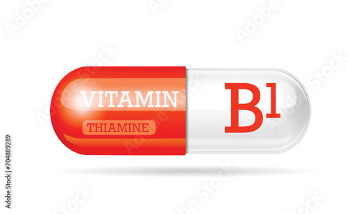 Bicolor orange and white Vitamin B1 Capsule, tablets, dietary supplement on white background.