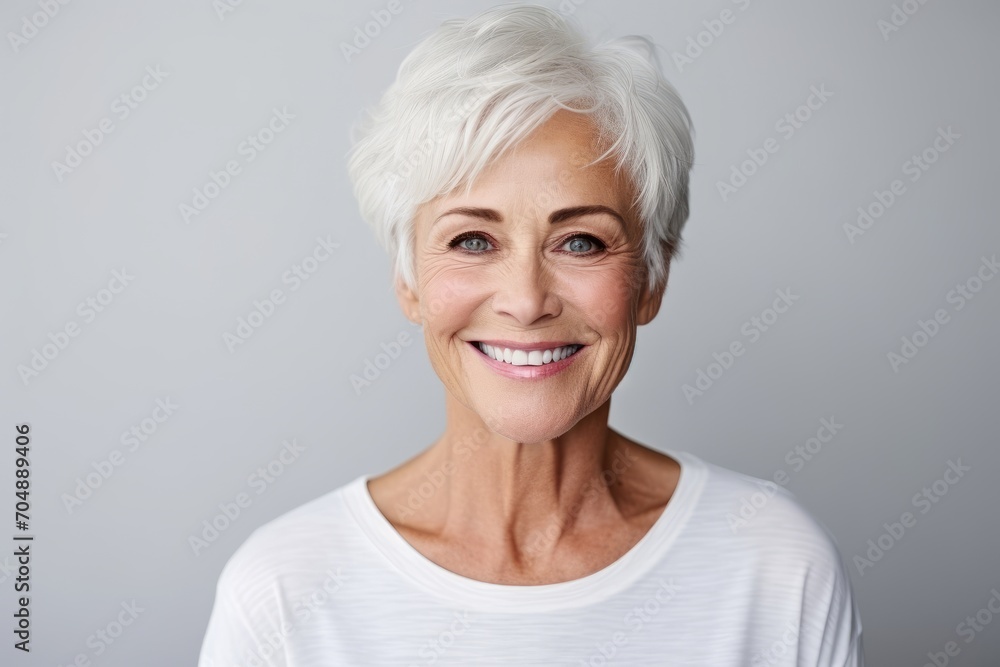 Portrait of a smiling senior woman looking at camera over grey background Portrait of a smiling senior woman looking at camera over grey background