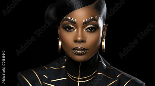 Beauty woman painted in black skin color body art  gold makeup lips eyelids  fingertips nails in gold color paint. Professional gold makeup