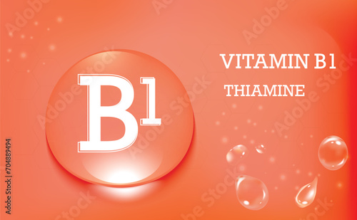 Water drop Vitamin B1, thiamine, orange background with water drops. Vitamin complex. Poster.