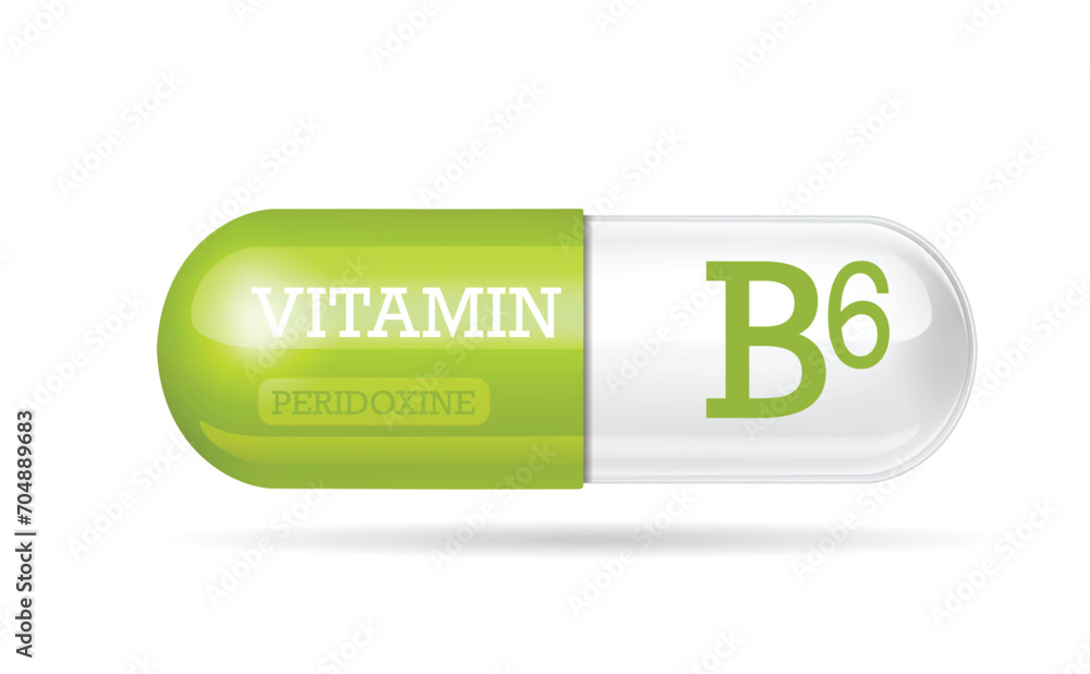 Pill icon, vitamin B6 capsule. Two-color capsule on a white isolated background. copy space. Pill icon, vitamin B6 capsule. Two-color capsule on a white isolated background. copy space.