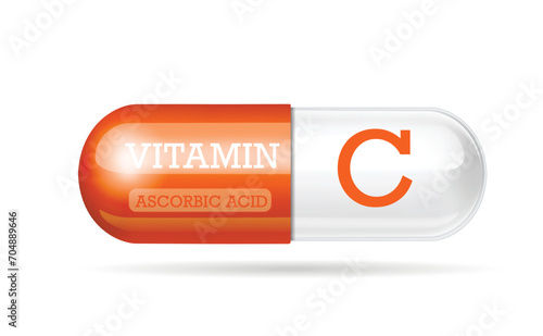 Orange vitamin C capsule. Dietary supplement health neutralize free radicals. With chemical formula. Anti aging beauty enhancement concept and health care medical.