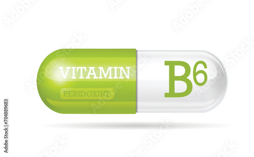 Pill icon, vitamin B6 capsule. Two-color capsule on a white isolated background. copy space.