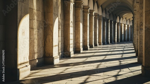 Perspective view of an antique arched corridor with stone columns  pillars. Long row of classical colonnade. Abstract architectural background.