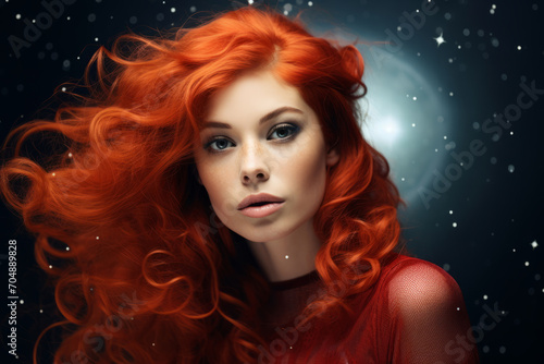 redhead goddess fantasy woman walks in the clouds. Fashion model background dramatic winter sky with smoke.