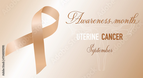 Uterine Cancer Awareness Month in September. Endometrial cancer and uterine sarcoma. Peach ribbon. Poster