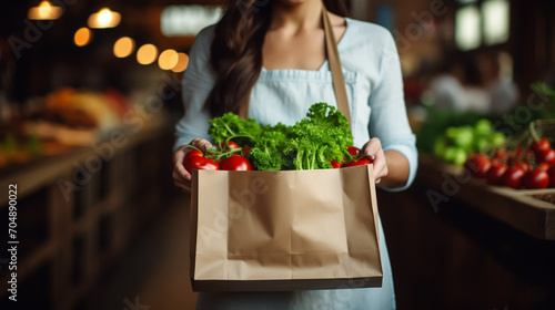 Young woman in the kitchen   woman with a bag of groceries shopping