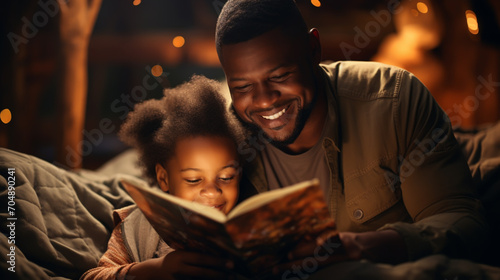 Father reading book to children on bed