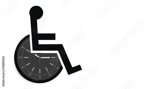 Disabled person in a wheelchair in the form of a clock with arrows as a symbol of awareness and care. copy space.