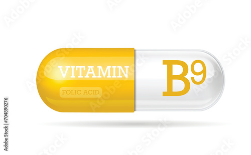 Capsule vitamin B9 structure orange and white . Beauty concept. 3D Vector Illustration. transparent capsule pill. Drug business concept. Vitamin complex with chemical formula. Personal care.