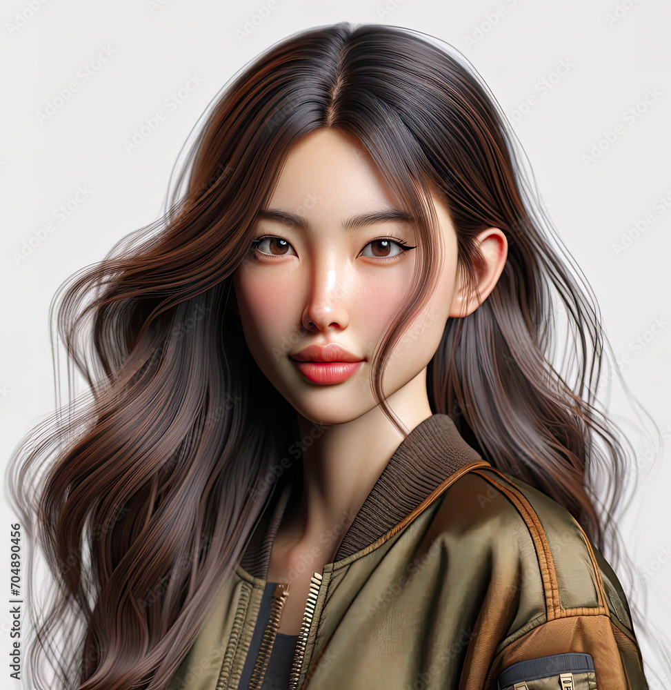 Hyper-realistic illustrations portrait of a young Asian girl with long black hair and a white background Hyper-realistic illustrations portrait of a young Asian girl with long black hair and a white background