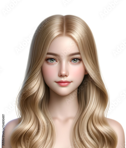 Hyper-realistic illustrations portrait of a young girl with long blond hair and a white background