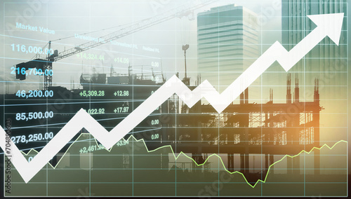 Stock financial index show successful investment on property business and construction industry urban buildings  image with graph and chart for presentation and report background.