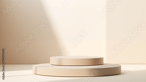a peaceful setting with stacked neutral-toned circular platforms  a warm beige backdrop  soft lighting  and gentle shadows for beauty skincare cosmetic products display backdrop