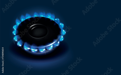 Gas burner with blue flame, glowing fire ring in blue color on the kitchen stove. Realistic model of burning propane-butane gas. View from above. copy space.