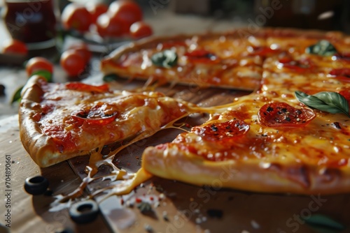 Freshly baked pizza with melted cheese  tomato  basil  and olives on a wooden table.