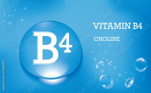 Vitamin B4, choline. Drops of water on a blue gradient background. Food supplement and healthy lifestyle. Poster.