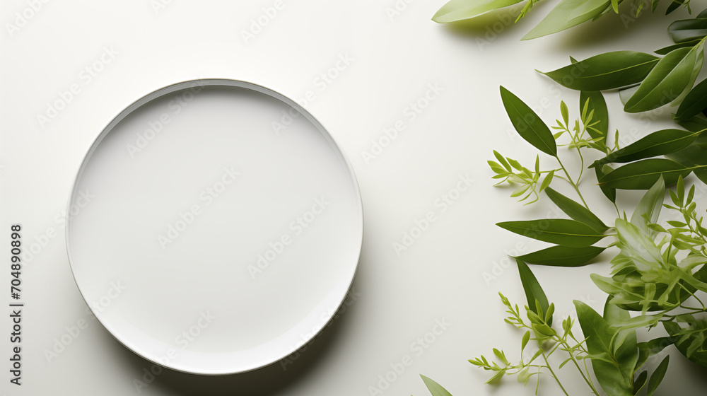 a top view of a clean, white circular platform surrounded by fresh green foliage on a light background for beauty skincare cosmetic products display backdrop a top view of a clean, white circular platform surrounded by fresh green foliage on a light background for beauty skincare cosmetic products display backdrop