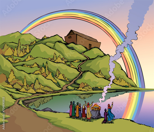 Vector drawing. Noah Offers a Sacrifice to God