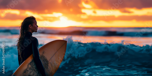 Surfer woman gazing at sunset over ocean waves. Surfing and active vacation lifestyle. Shallow field of view.  © henjon