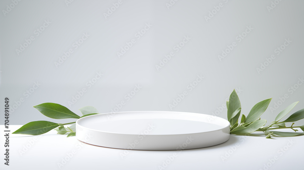 a clean, white circular platform with a minimalist design, accompanied by a sprig of green leaves on a light background for beauty skincare cosmetic products display backdrop a clean, white circular platform with a minimalist design, accompanied by a sprig of green leaves on a light background for beauty skincare cosmetic products display backdrop