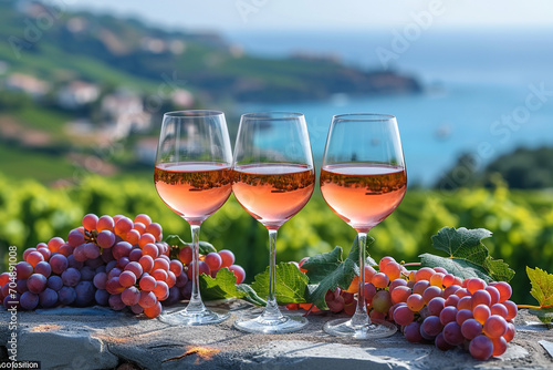 Glass of wine and grape yard in Europe