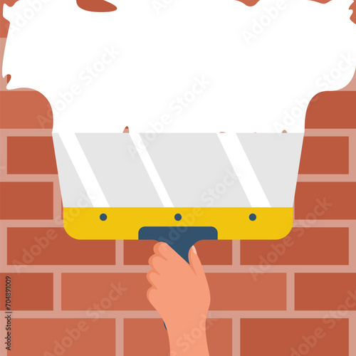 Plaster wall. Hand with spatula. Builder holds construction spatula in hand and applies finishing putty to drywall. Putty knife in hand of home master. Cement trowel. Vector illustration flat design.