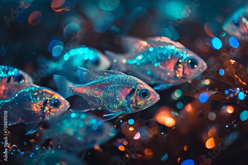 Colorful neon tetra fish swimming with vibrant bokeh light effects in a dark aquarium setting.