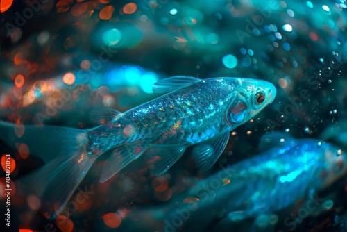 Ethereal blue fish with sparkling scales swimming in a dreamy underwater scene with glowing particles.