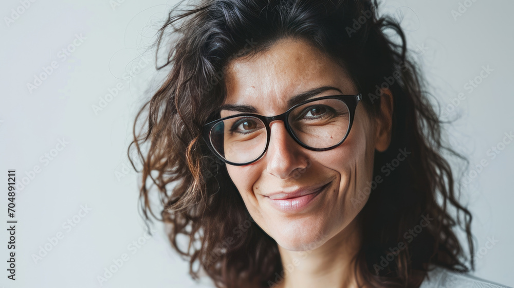Portrait of a happy middle-aged woman looks in camera on white background. Portrait of a happy middle-aged woman looks in camera on white background.