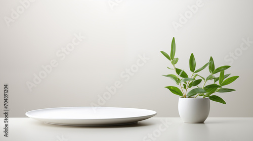 a sleek white oval dish and a modern pot with verdant green foliage, against a clean, muted background. for beauty skincare cosmetic products display backdrop