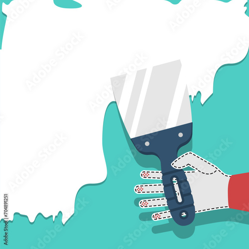 Hands with spatula. The builder holds construction spatula in hand and applies finishing putty to the drywall. Putty knife in the hand of home master. Cement trowel. Vector illustration flat design.