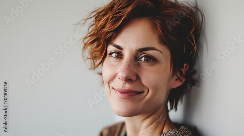 Portrait of a happy middle-aged woman looks in camera on white background.