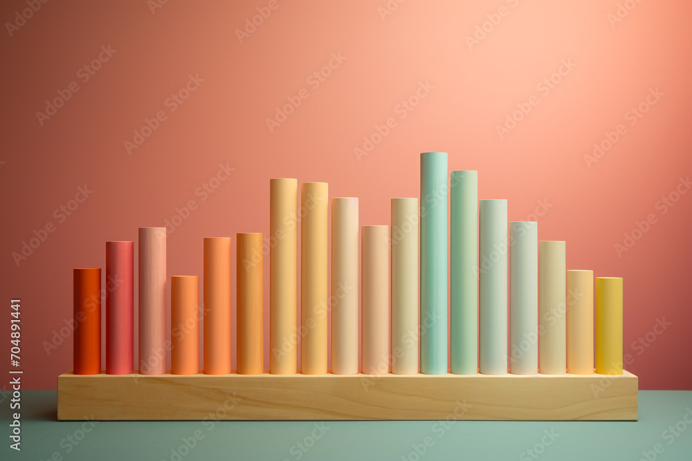 Business, science, finance, marketing, graphic resources concept. Wooden pastel colored cylinder blocks shape bar charts illustration. Minimalist background with copy space Business, science, finance, marketing, graphic resources concept. Wooden pastel colored cylinder blocks shape bar charts illustration. Minimalist background with copy space