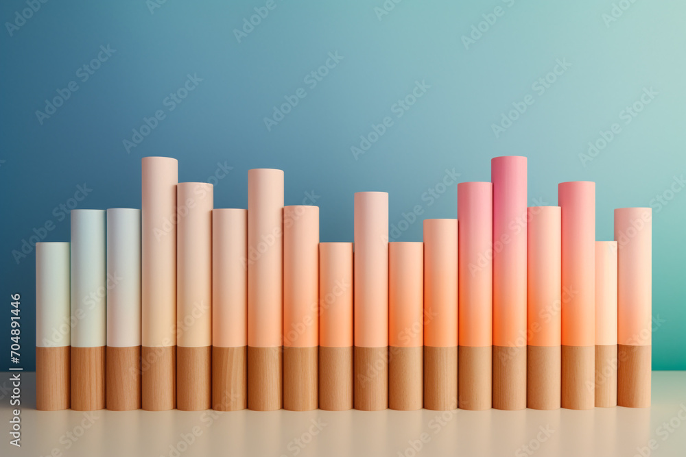 Business, science, finance, marketing, graphic resources concept. Wooden pastel colored cylinder blocks shape bar charts illustration. Minimalist background with copy space Business, science, finance, marketing, graphic resources concept. Wooden pastel colored cylinder blocks shape bar charts illustration. Minimalist background with copy space