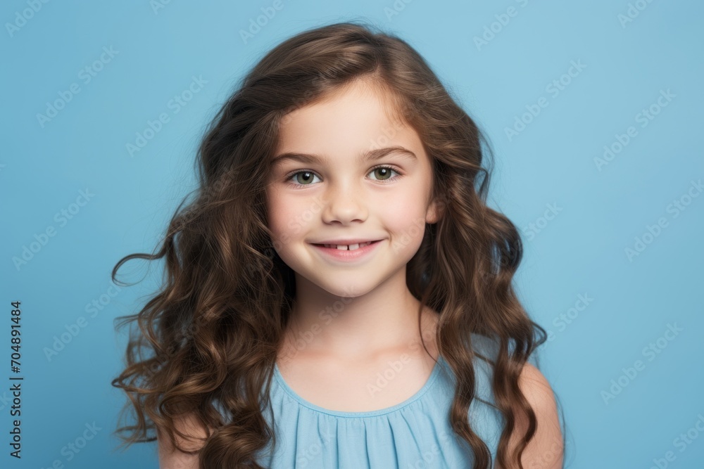 Portrait of cute little girl with long curly hair on blue background Portrait of cute little girl with long curly hair on blue background