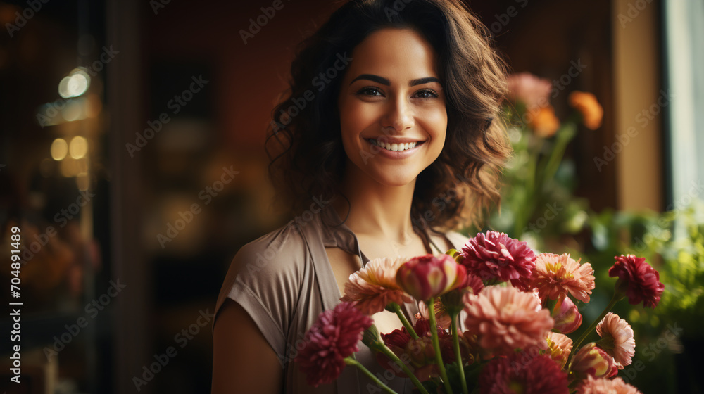 Floristry concept, Woman florist holding flowers with smiling happiness in flower shop. Floristry concept, Woman florist holding flowers with smiling happiness in flower shop.